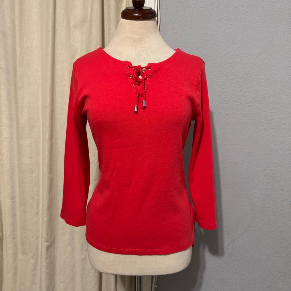 Rafaella Red Orange Women's 100% Cotton Lace Up Neck 3/4 Sleeve Top Size‎ M